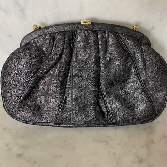 JUDITH LIEBER Vintage Minaudière Black Metallic Suede Gemstone Clasp Purse - Picture 10 of 17